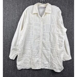 Silhouettes Top Womens 1X White Cotton Embroidered Button‎ Up Blouse Boho 1990s